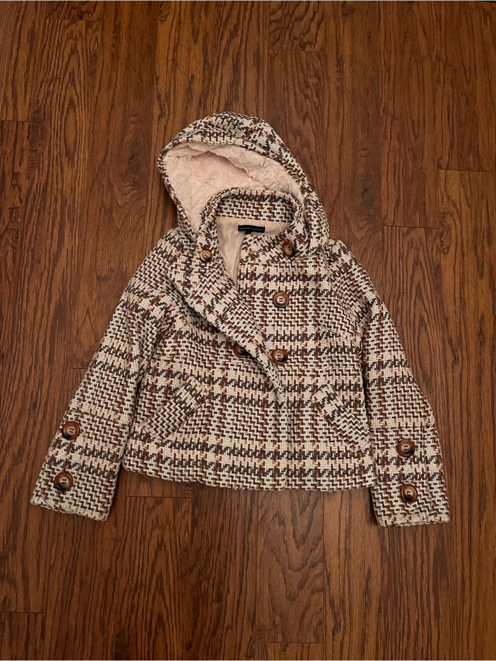 MISS ME PLAID TWEED DOUBLE-BREASTED REMOVABLE HOODED JACKET |  SIZE SMALL